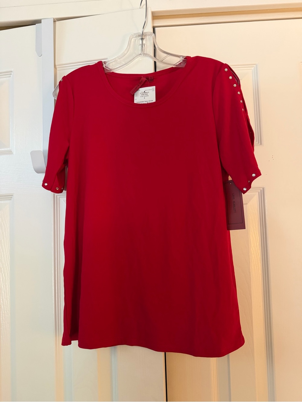 Red Short-Sleeve Women's Top with Stud Detail